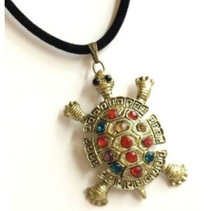 Vintage Sea Turtle Necklace Nautical Island Gold Plated Crystal 18" Black Cord
